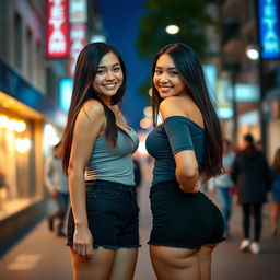 Two identical twin sisters standing side by side, both wearing fitted casual outfits that accentuate their body shapes