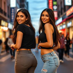 Two identical twin sisters standing side by side, both wearing fitted casual outfits that accentuate their body shapes