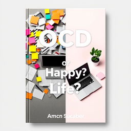 A captivating book cover design for the title 'OCD or Happy Life?' featuring a split image