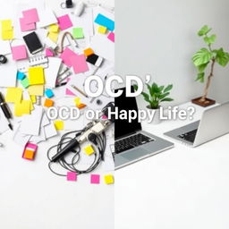 A captivating book cover design for the title 'OCD or Happy Life?' featuring a split image