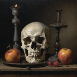 A classical Vanitas still-life painting featuring an assortment of symbolic objects such as a skull, a fading candle, an hourglass, and rotting fruit.