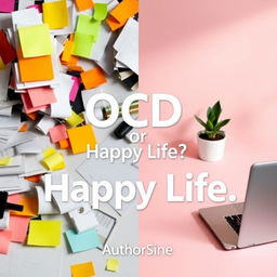 A captivating book cover design for the title 'OCD or Happy Life?' featuring a split image