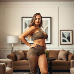 A confident woman with visible cellulite posing in a stylish, fitted outfit, showcasing her natural beauty and self-assuredness