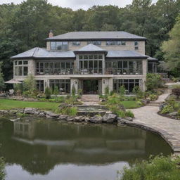 An expansive multi-story house with 6 bedrooms, a luxurious living room, a fancy kitchen, an outdoor kitchen next to a serene pond, and a greenhouse aviary incorporated into the design.