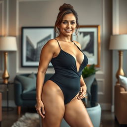 A confident woman with visible cellulite posing in a stylish, fitted outfit, showcasing her natural beauty and self-assuredness