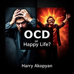 A striking book cover for the psychology book titled 'OCD or Happy Life?' by Harry Akopyan