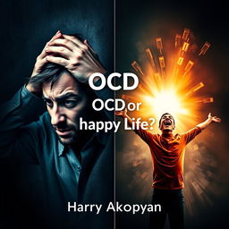 A striking book cover for the psychology book titled 'OCD or Happy Life?' by Harry Akopyan