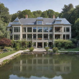 An expansive multi-story house with 6 bedrooms, a luxurious living room, a fancy kitchen, an outdoor kitchen next to a serene pond, and a greenhouse aviary incorporated into the design.