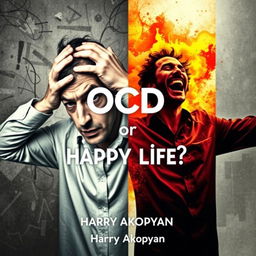 A striking book cover for the psychology book titled 'OCD or Happy Life?' by Harry Akopyan