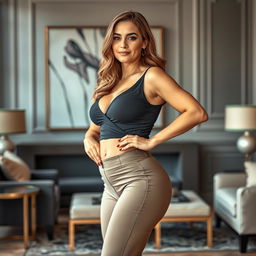 A confident woman with visible cellulite posing in a stylish, fitted outfit, showcasing her natural beauty and self-assuredness