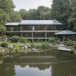 An expansive multi-story house with 6 bedrooms, a luxurious living room, a fancy kitchen, an outdoor kitchen next to a serene pond, and a greenhouse aviary incorporated into the design.