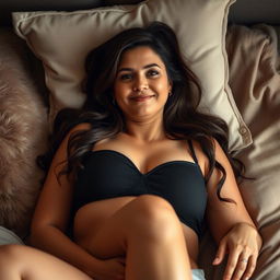 A 30-year-old woman lying down gracefully, confidently showing the natural cellulite on her thighs