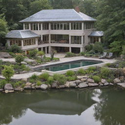 An expansive multi-story house with 6 bedrooms, a luxurious living room, a fancy kitchen, an outdoor kitchen next to a serene pond, and a greenhouse aviary incorporated into the design.