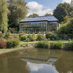 A spacious single-storey house featuring 6 bedrooms, a cozy living room, a traditional kitchen, an outdoor kitchen overlooking a sparkling pond, and an attached greenhouse aviary.