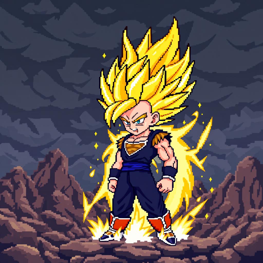 A pixel art image of Radiz as a super Saiyan, featuring him with wildly spiked golden hair, surrounded by an aura of energy