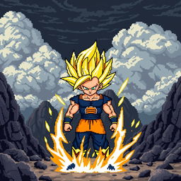 A pixel art image of Radiz as a super Saiyan, featuring him with wildly spiked golden hair, surrounded by an aura of energy