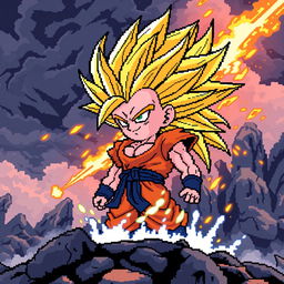 A pixel art image of Radiz as a super Saiyan, featuring him with wildly spiked golden hair, surrounded by an aura of energy