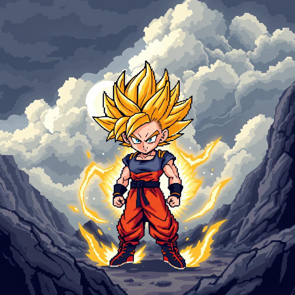 A pixel art image of Radiz as a super Saiyan, featuring him with wildly spiked golden hair, surrounded by an aura of energy