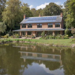 A spacious single-storey house featuring 6 bedrooms, a cozy living room, a traditional kitchen, an outdoor kitchen overlooking a sparkling pond, and an attached greenhouse aviary.