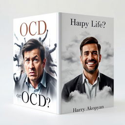 Create a realistic book cover for 'OCD or Happy Life?' by Harry Akopyan, featuring a light background