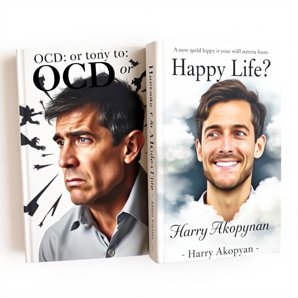 Create a realistic book cover for 'OCD or Happy Life?' by Harry Akopyan, featuring a light background