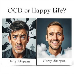 Create a realistic book cover for 'OCD or Happy Life?' by Harry Akopyan, featuring a light background