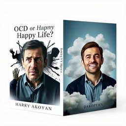 Create a realistic book cover for 'OCD or Happy Life?' by Harry Akopyan, featuring a light background