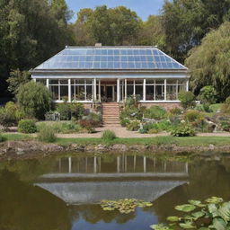 A spacious single-storey house featuring 6 bedrooms, a cozy living room, a traditional kitchen, an outdoor kitchen overlooking a sparkling pond, and an attached greenhouse aviary.