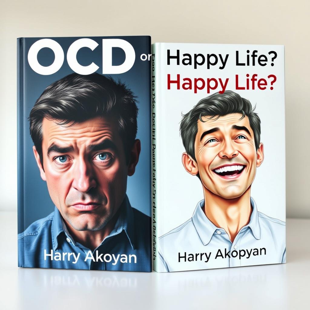 Create a realistic book cover for 'OCD or Happy Life?' by Harry Akopyan, set against a light background