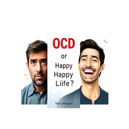 Create a realistic book cover for 'OCD or Happy Life?' by Harry Akopyan, set against a light background