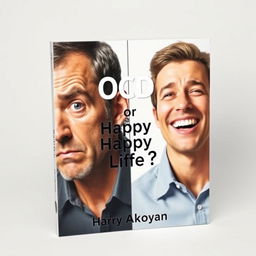 Create a realistic book cover for 'OCD or Happy Life?' by Harry Akopyan, set against a light background