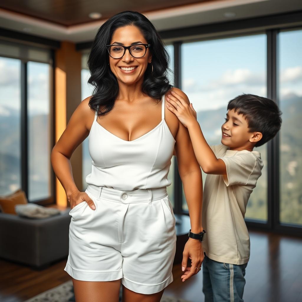 A stunning 50-year-old MILF with shoulder-length wavy black hair and reading glasses, displaying her beautiful figure accentuated by her 42DD bust and wide hips