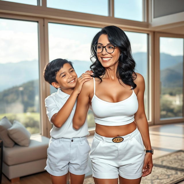 A stunning 50-year-old MILF with shoulder-length wavy black hair and reading glasses, displaying her beautiful figure accentuated by her 42DD bust and wide hips