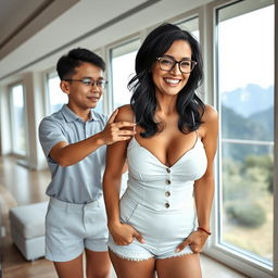 A stunning 50-year-old MILF with shoulder-length wavy black hair and reading glasses, displaying her beautiful figure accentuated by her 42DD bust and wide hips