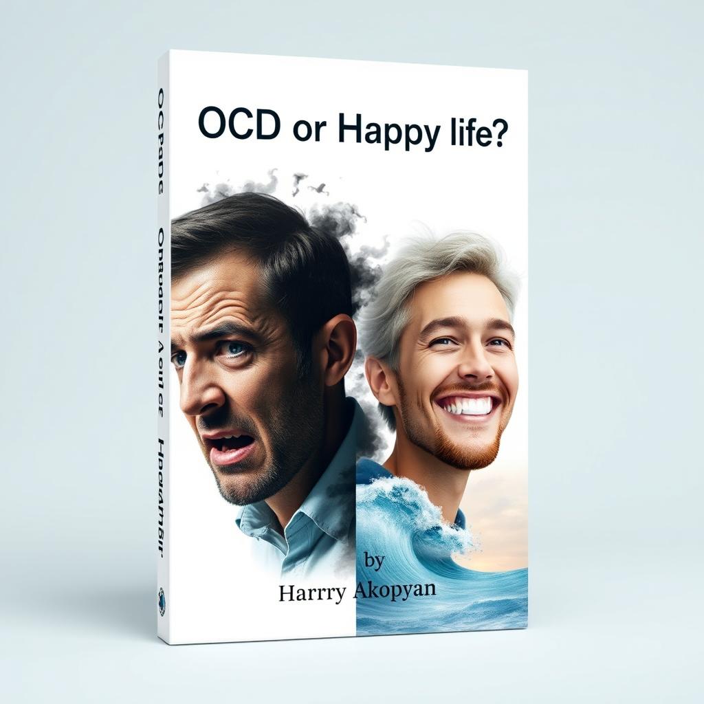 Design a realistic book cover for 'OCD or Happy Life?' by Harry Akopyan, with a focus on psychology and fears