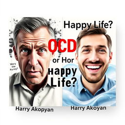 Design a realistic book cover for 'OCD or Happy Life?' by Harry Akopyan, with a focus on psychology and fears