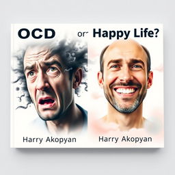 Design a realistic book cover for 'OCD or Happy Life?' by Harry Akopyan, with a focus on psychology and fears