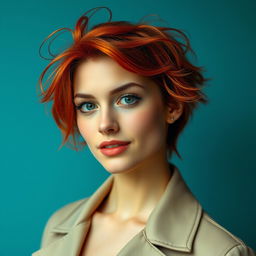 A beautiful woman with a captivating expression, characterized by her short, messy, vivid red hair and feminine allure