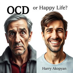 Design a highly realistic book cover for 'OCD or Happy Life?' by Harry Akopyan, highlighting themes of psychology and fears