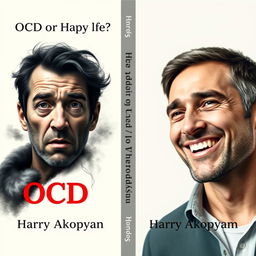 Design a highly realistic book cover for 'OCD or Happy Life?' by Harry Akopyan, highlighting themes of psychology and fears