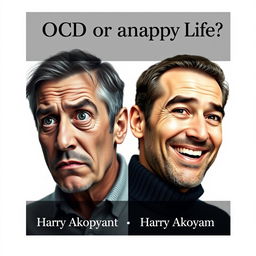 Design a highly realistic book cover for 'OCD or Happy Life?' by Harry Akopyan, highlighting themes of psychology and fears