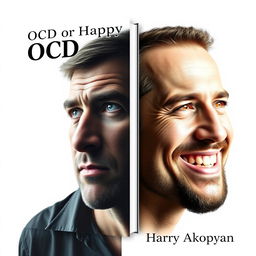 Design a highly realistic book cover for 'OCD or Happy Life?' by Harry Akopyan, highlighting themes of psychology and fears