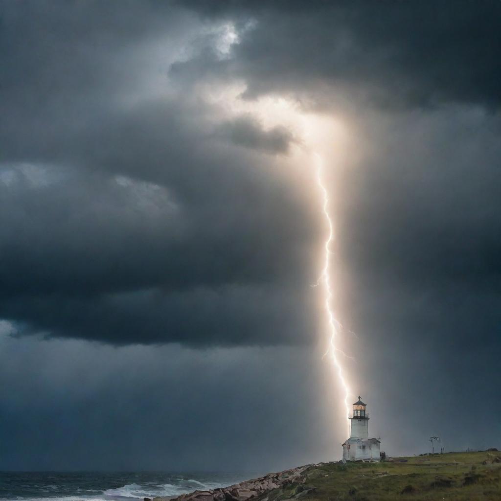 Create a poster showing a beacon of light shining through a stormy sky with text overlaying that reads 'Keep faith amidst suffering'. Make the message hopeful and uplifting.