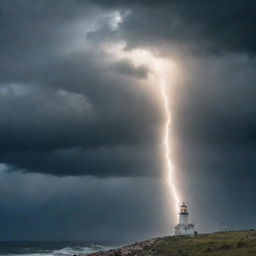 Create a poster showing a beacon of light shining through a stormy sky with text overlaying that reads 'Keep faith amidst suffering'. Make the message hopeful and uplifting.