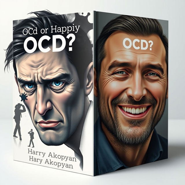 Design an ultra-realistic book cover for 'OCD or Happy Life?' by Harry Akopyan, incorporating elements of psychology and fear symbols