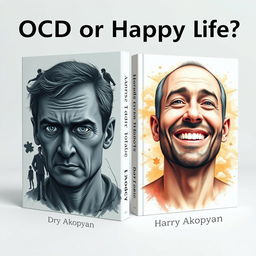 Design an ultra-realistic book cover for 'OCD or Happy Life?' by Harry Akopyan, incorporating elements of psychology and fear symbols