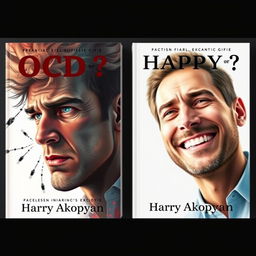 Design an ultra-realistic book cover for 'OCD or Happy Life?' by Harry Akopyan, incorporating elements of psychology and fear symbols