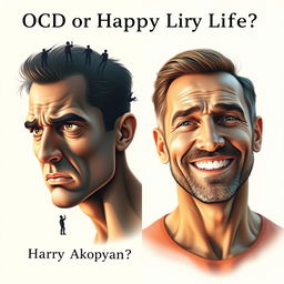 Design an ultra-realistic book cover for 'OCD or Happy Life?' by Harry Akopyan, incorporating elements of psychology and fear symbols