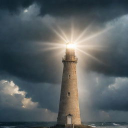 Create a poster showing a beacon of light shining through a stormy sky with text overlaying that reads 'Keep faith amidst suffering'. Make the message hopeful and uplifting.