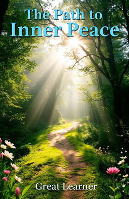 A serene and tranquil landscape symbolizing the journey to inner peace, featuring a solitary path winding through a lush, verdant forest